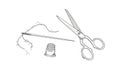 Sewing Needle Thread Thimble and Scissors Line Art Illustration Keywords: sewing, needle, thread Royalty Free Stock Photo