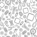 Sewing and needlework. Tools and accessories. Seamless pattern in doodle and cartoon style. Linear.