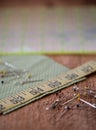 Sewing notions on a rustic wood surface Royalty Free Stock Photo