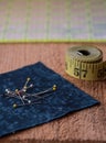 Sewing notions on a rustic wood surface Royalty Free Stock Photo