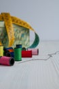 Sewing objects, threads, needle and tape measure