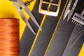 Sewing process of the leather belt. Tools, materials and accessories for leather workshop. Vintage sewing industrial Royalty Free Stock Photo