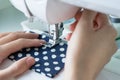 Sewing Process , the sewing machine sew women's hands sewing mac Royalty Free Stock Photo