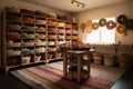 sewing room, with baskets of colorful thread and fabric rolls Royalty Free Stock Photo