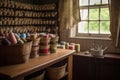 sewing room, with baskets of colorful thread and fabric rolls Royalty Free Stock Photo