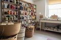 sewing room, with baskets of colorful thread and fabric rolls Royalty Free Stock Photo