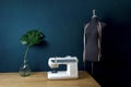 Sewing room decorated with monstera leaf and black dress dummy