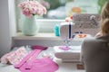 Sewing room with sewing machine, fabric, flowers and wom Royalty Free Stock Photo