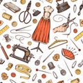 Sewing Seamless pattern. Tools and elements or materials for needlework. Tailor shop for badges labels. Thread and Royalty Free Stock Photo