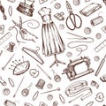 Sewing Seamless pattern. Tools and elements or materials for needlework. Tailor shop for badges labels. Thread and Royalty Free Stock Photo