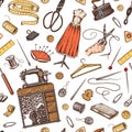 Sewing Seamless pattern. Tools and elements or materials for needlework. Tailor shop for badges labels. Thread and Royalty Free Stock Photo