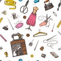 Sewing Seamless pattern. Tools and elements or materials for needlework. Tailor shop for badges labels. Thread and Royalty Free Stock Photo