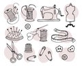 Sewing, a set of hand-drawn icons, spools of thread and a sewing machine, needles and pins, a thimble. Royalty Free Stock Photo