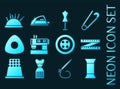 Sewing set icons. Blue glowing neon style. Royalty Free Stock Photo