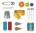 Sewing set. Realistic equipment fabric measure tape sewing set needles thread scissors for textile fashion clothes