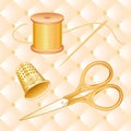 Sewing Set, Scissors, Thimble, Needle and Thread, Antique Gold, Cream Quilted Background