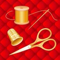 Sewing Set, Scissors, Thimble, Needle and Thread, Antique Gold, Crimson Red Quilted Background Royalty Free Stock Photo