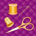 Sewing Set, Scissors, Thimble, Needle and Thread, Antique Gold, Lavender Purple Quilted Background Royalty Free Stock Photo