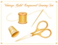 Sewing Set, Vintage Gold Engraved Scissors, Thimble, Needle and Thread Royalty Free Stock Photo