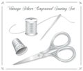 Sewing Set, Vintage Silver Engraved Scissors, Thimble, Needle and Thread Royalty Free Stock Photo