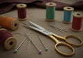 A sewing setup with various spools of thread in colors like orange, teal, and red, Royalty Free Stock Photo
