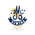 Sewing shop logo design, dress boutique, store, dressmakers salon, tailoring studio, fashion designer emblem vector Royalty Free Stock Photo
