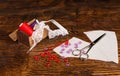 Sewing still life on table Royalty Free Stock Photo