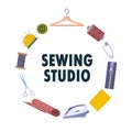 Sewing studio icons. Various sewing tools. Needles, scissors, yarn, sewing machine, buttons, spools, threads. Vector illustration Royalty Free Stock Photo