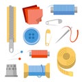 Sewing stuff set. Needles, pins, thread, buttons, fabric, zipper