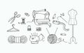 Sewing supplies drawings - sewing machine, mannequin , thread, scissors, needles. Royalty Free Stock Photo