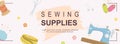 Sewing supplies horizontal web banner. Thread, measuring tape, sew machine, scissors, pins, buttons, needle, dressmaking tools.