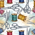 Sewing Supplies Pattern with Scissors and Thread Spools Royalty Free Stock Photo