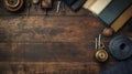 Sewing table with a wooden surface, neatly arranged with fabric and Royalty Free Stock Photo