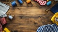 Sewing table with a wooden surface, neatly arranged with fabric and Royalty Free Stock Photo