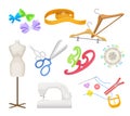 Sewing and Tailoring Equipment with Sewing Machine and Scissors Vector Set