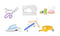 Sewing and Tailoring Equipment with Sewing Machine and Scissors Vector Set Royalty Free Stock Photo