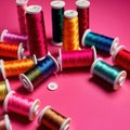 Sewing and tailoring supplies, with colorful thread spools and buttons Royalty Free Stock Photo