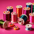 Sewing and tailoring supplies, with colorful thread spools and buttons