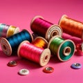 Sewing and tailoring supplies, with colorful thread spools and buttons