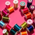 Sewing and tailoring supplies, with colorful thread spools and buttons