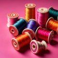 Sewing and tailoring supplies, with colorful thread spools and buttons Royalty Free Stock Photo