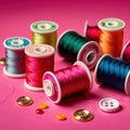 Sewing and tailoring supplies, with colorful thread spools and buttons Royalty Free Stock Photo