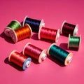 Sewing and tailoring supplies, with colorful thread spools and buttons