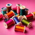 Sewing and tailoring supplies, with colorful thread spools and buttons Royalty Free Stock Photo