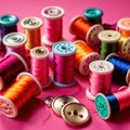 Sewing and tailoring supplies, with colorful thread spools and buttons Royalty Free Stock Photo