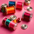Sewing and tailoring supplies, with colorful thread spools and buttons