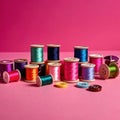 Sewing and tailoring supplies, with colorful thread spools and buttons Royalty Free Stock Photo