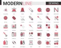 Sewing tailoring thin red black flat line icon vector illustration set, equipment and items collection for embroidery Royalty Free Stock Photo