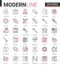 Sewing tailoring thin red black line icon vector illustration set, equipment and items collection for embroidery Royalty Free Stock Photo