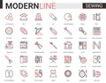 Sewing tailoring thin red black line icon vector illustration set, equipment and items collection for embroidery Royalty Free Stock Photo